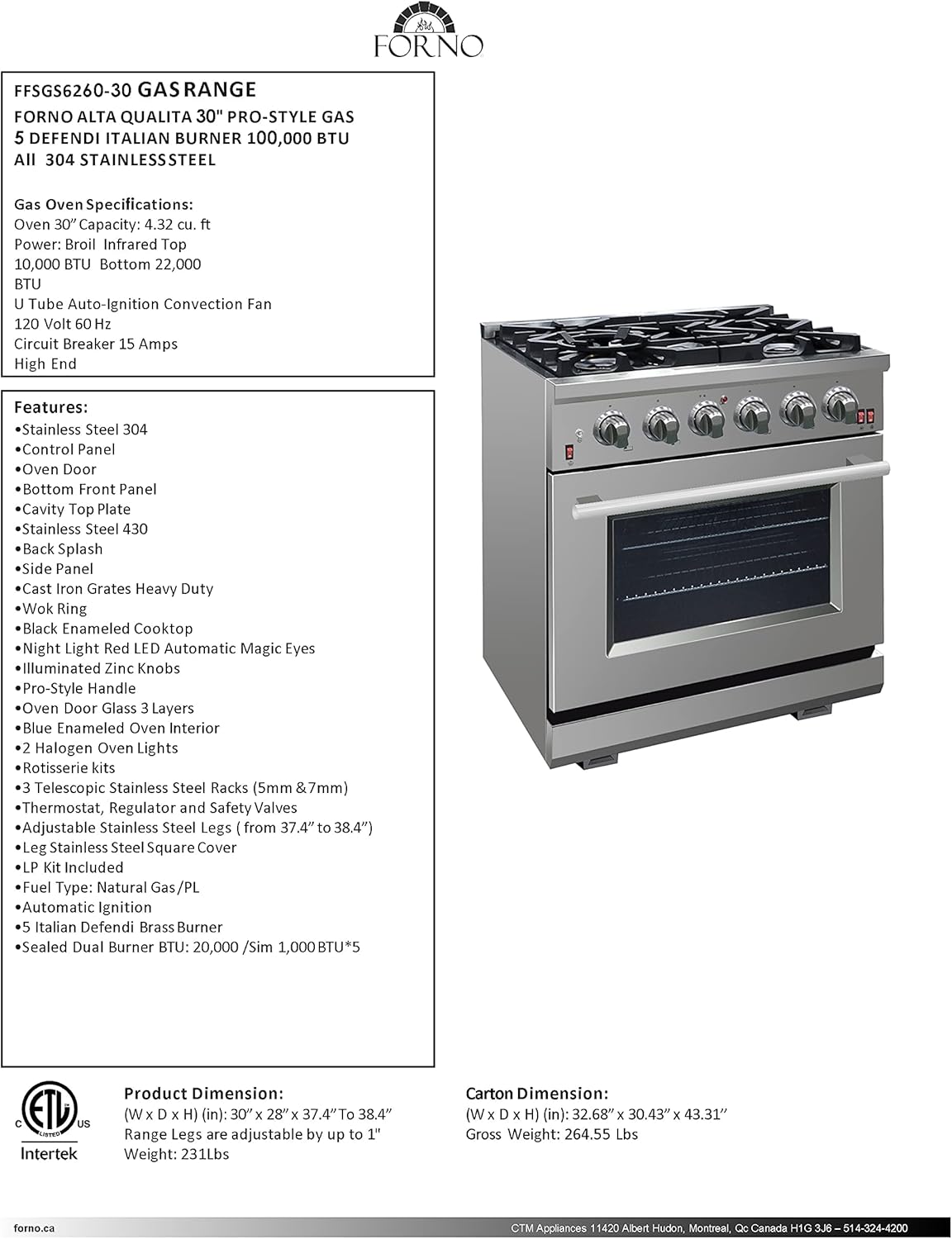 Forno, Capriasca 30" Freestanding Gas Range, LED Knobs FFSGS6260-30