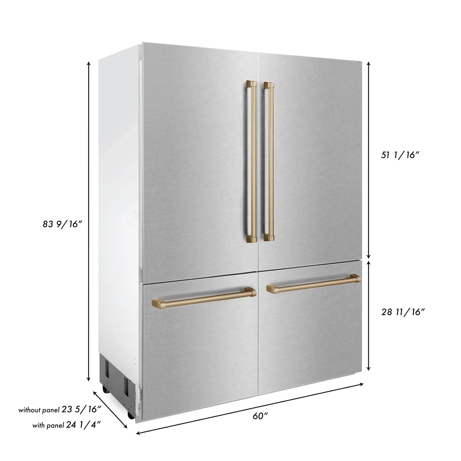 ZLINE 60-Inch Autograph Edition 32.2 cu. ft. Built-in 4-Door French Door Refrigerator with Internal Water and Ice Dispenser in Fingerprint Resistant Stainless Steel with Champagne Bronze Accents (RBIVZ-SN-60-CB)