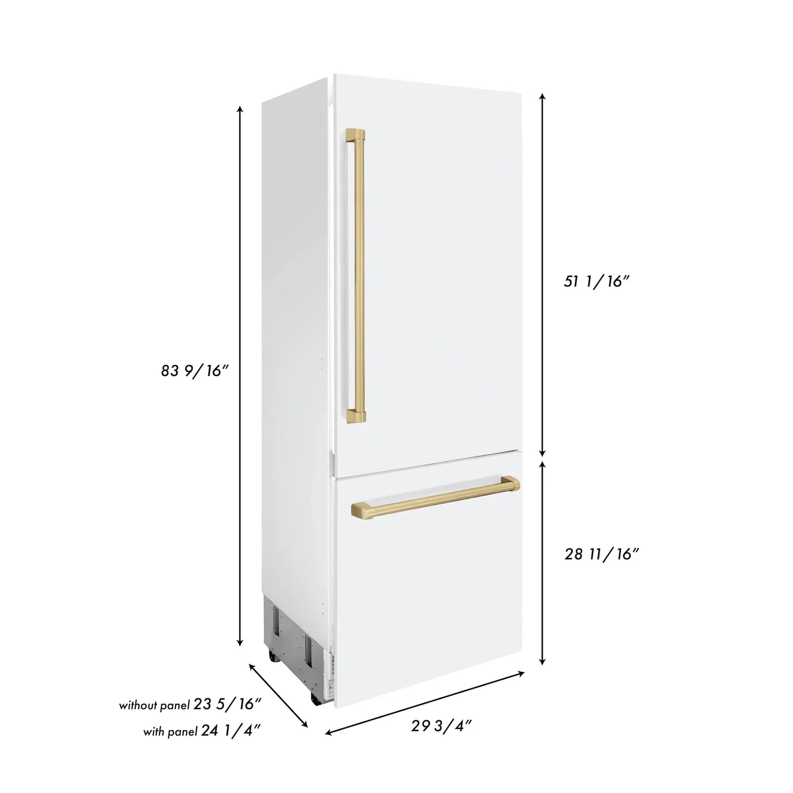 ZLINE 30-Inch Autograph Edition 16.1 cu. ft. Built-in 2-Door Bottom Freezer Refrigerator with Internal Water and Ice Dispenser in White Matte with Champagne Bronze Accents (RBIVZ-WM-30-CB)