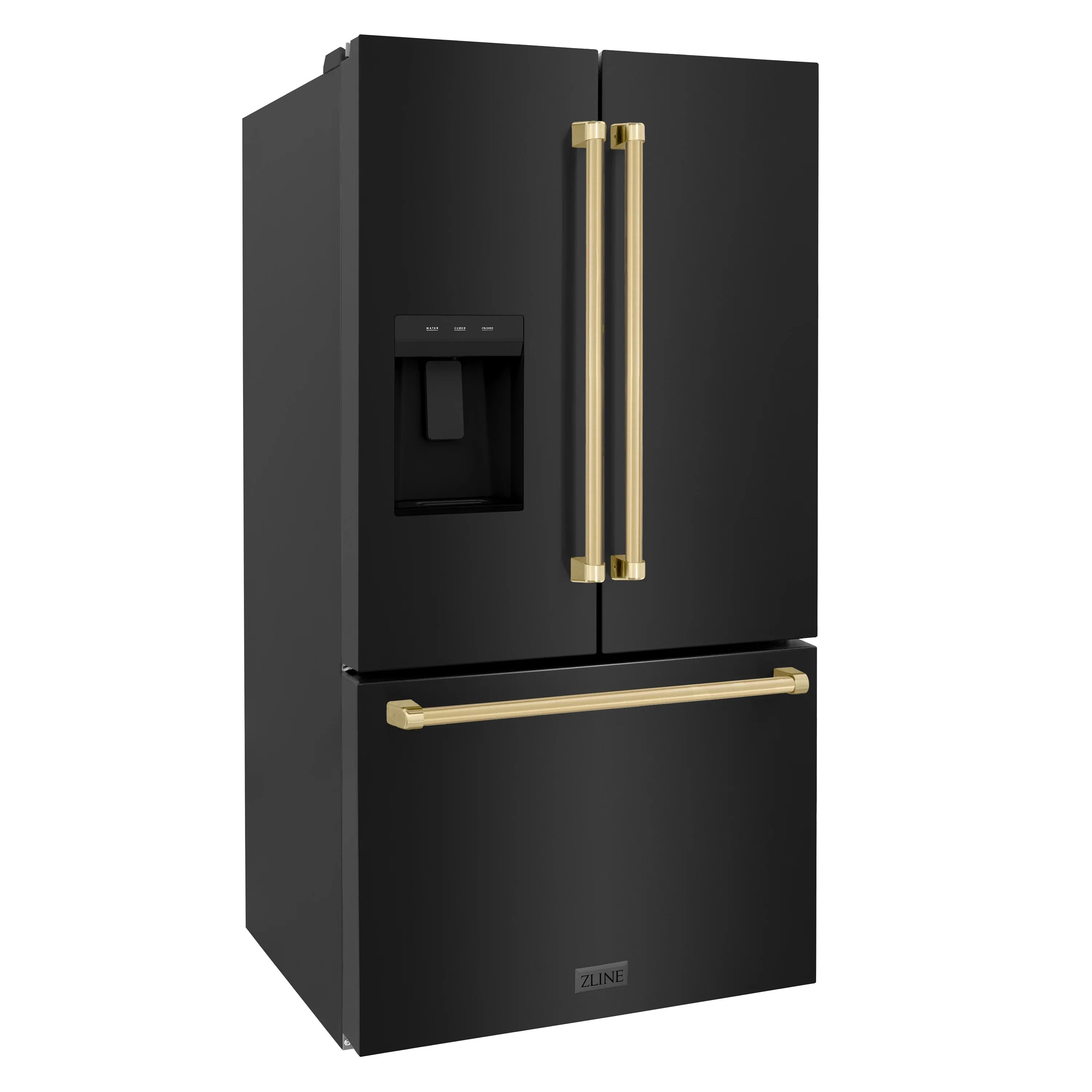 ZLINE Autograph Edition 36 in. 28.9 cu. ft. Standard-Depth French Door External Water Dispenser Refrigerator with Dual Ice Maker in Black Stainless Steel and Champagne Bronze Handles - RSMZ-W-36-BS-CB