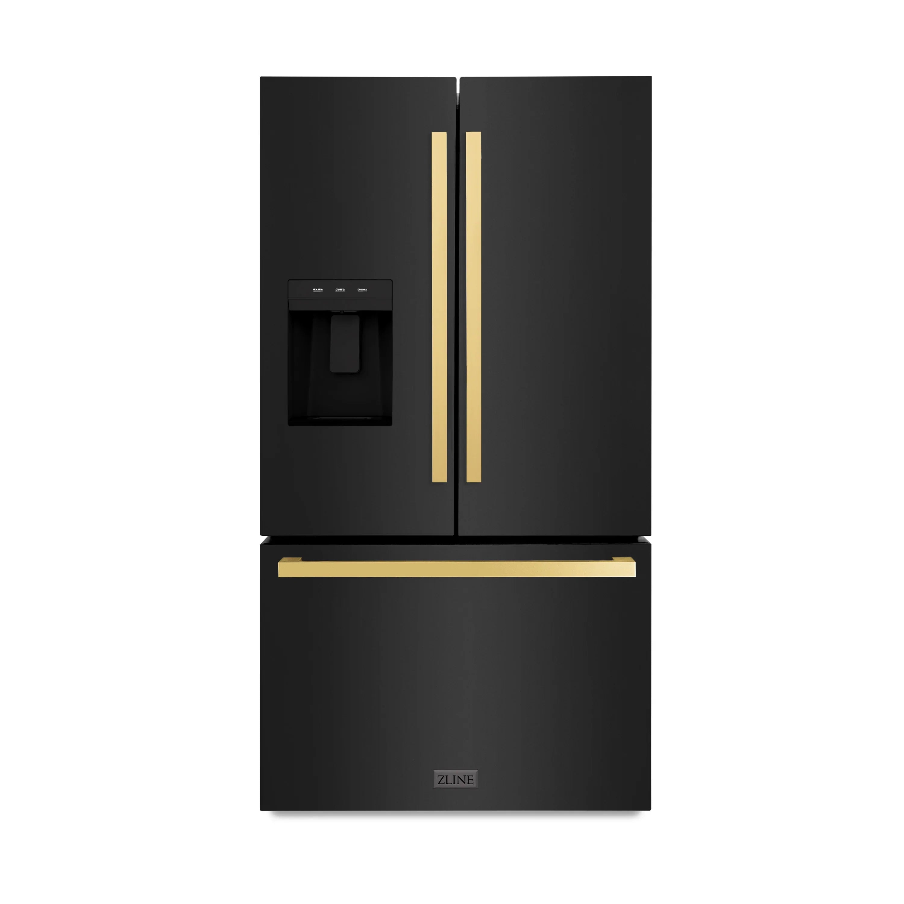 ZLINE Autograph Edition 36 in. 28.9 cu. ft. Standard-Depth French Door External Water Dispenser Refrigerator with Dual Ice Maker in Black Stainless Steel and Polished Gold Square Handles - RSMZ-W-36-BS-FG