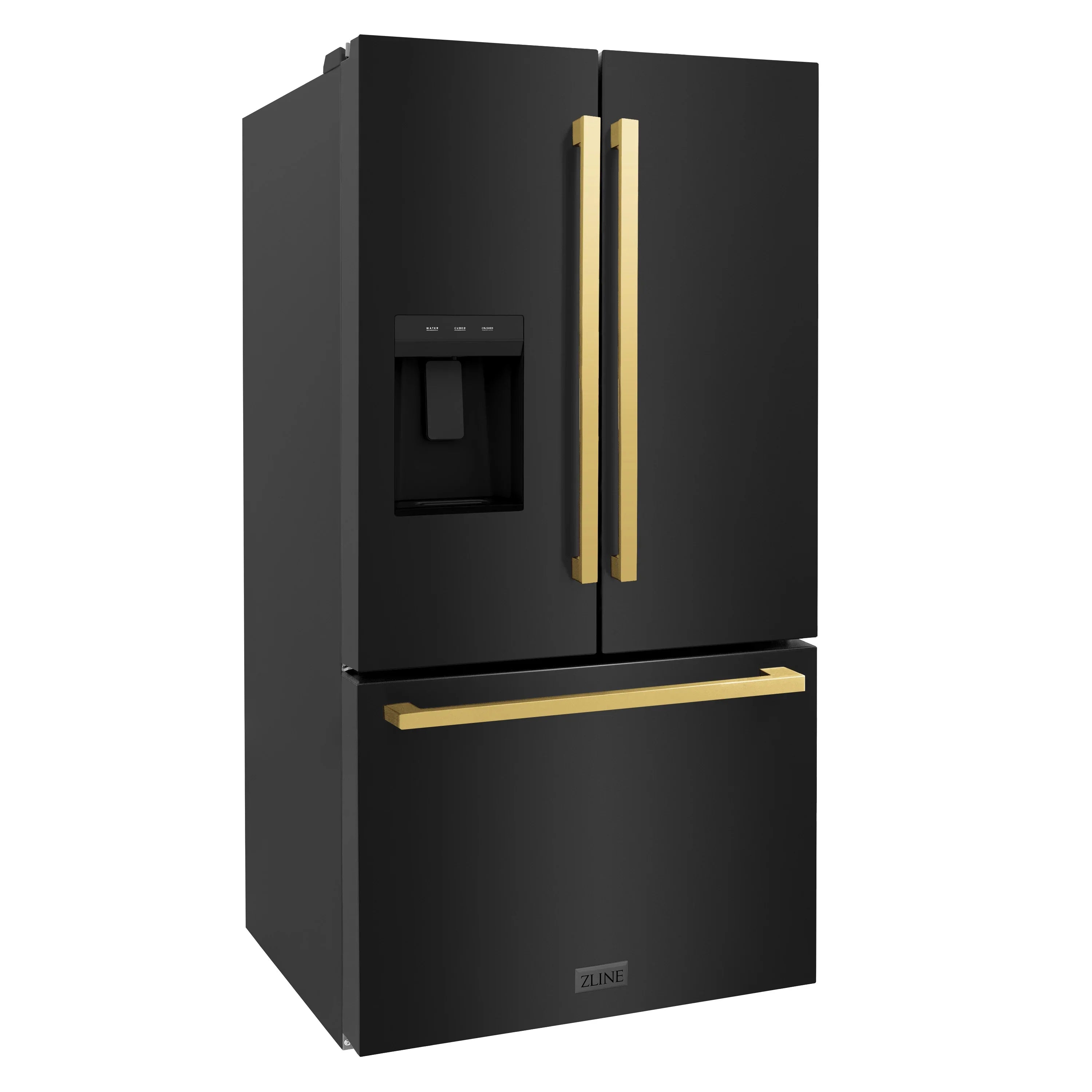 ZLINE Autograph Edition 36 in. 28.9 cu. ft. Standard-Depth French Door External Water Dispenser Refrigerator with Dual Ice Maker in Black Stainless Steel and Polished Gold Square Handles - RSMZ-W-36-BS-FG