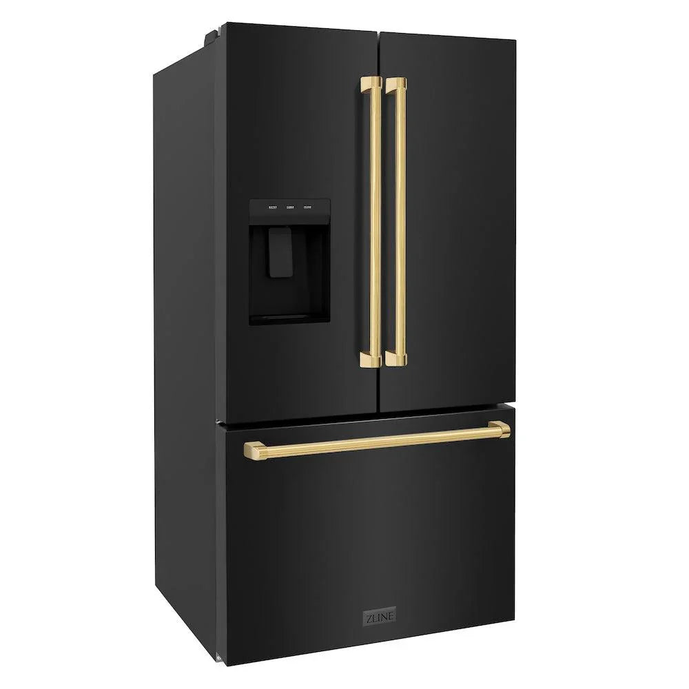 ZLINE Autograph Edition 36 in. 28.9 cu. ft. Standard-Depth French Door External Water Dispenser Refrigerator with Dual Ice Maker in Black Stainless Steel and Polished Gold Handles - RSMZ-W-36-BS-G