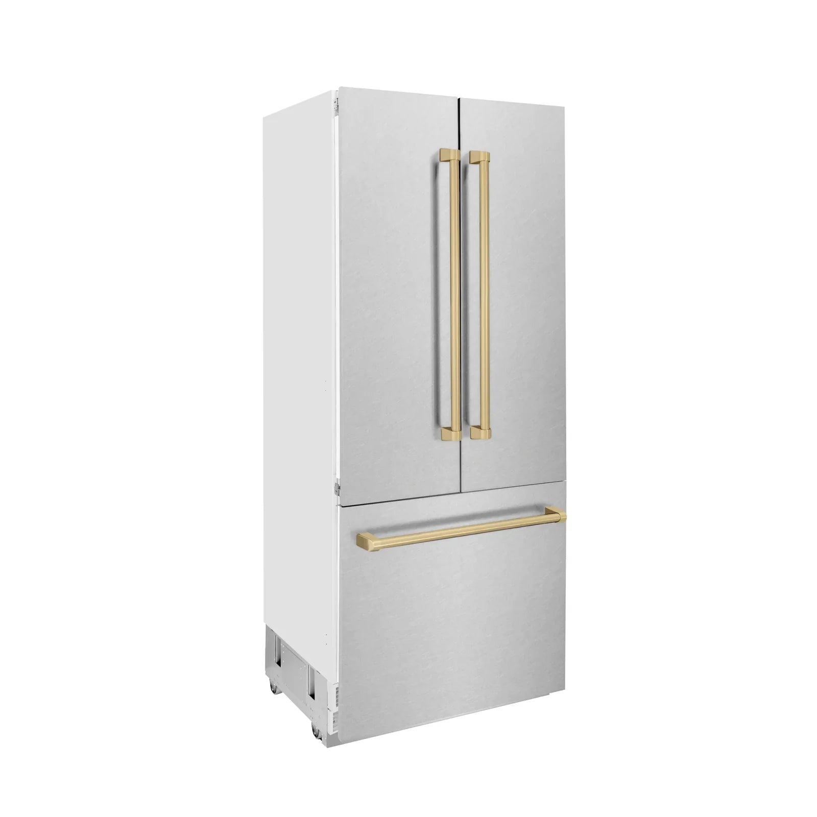 ZLINE 36-Inch Autograph Edition 19.6 cu. ft. Built-in 2-Door Bottom Freezer Refrigerator with Internal Water and Ice Dispenser in DuraSnow Stainless Steel with Champagne Bronze Accents (RBIVZ-SN-36-CB)