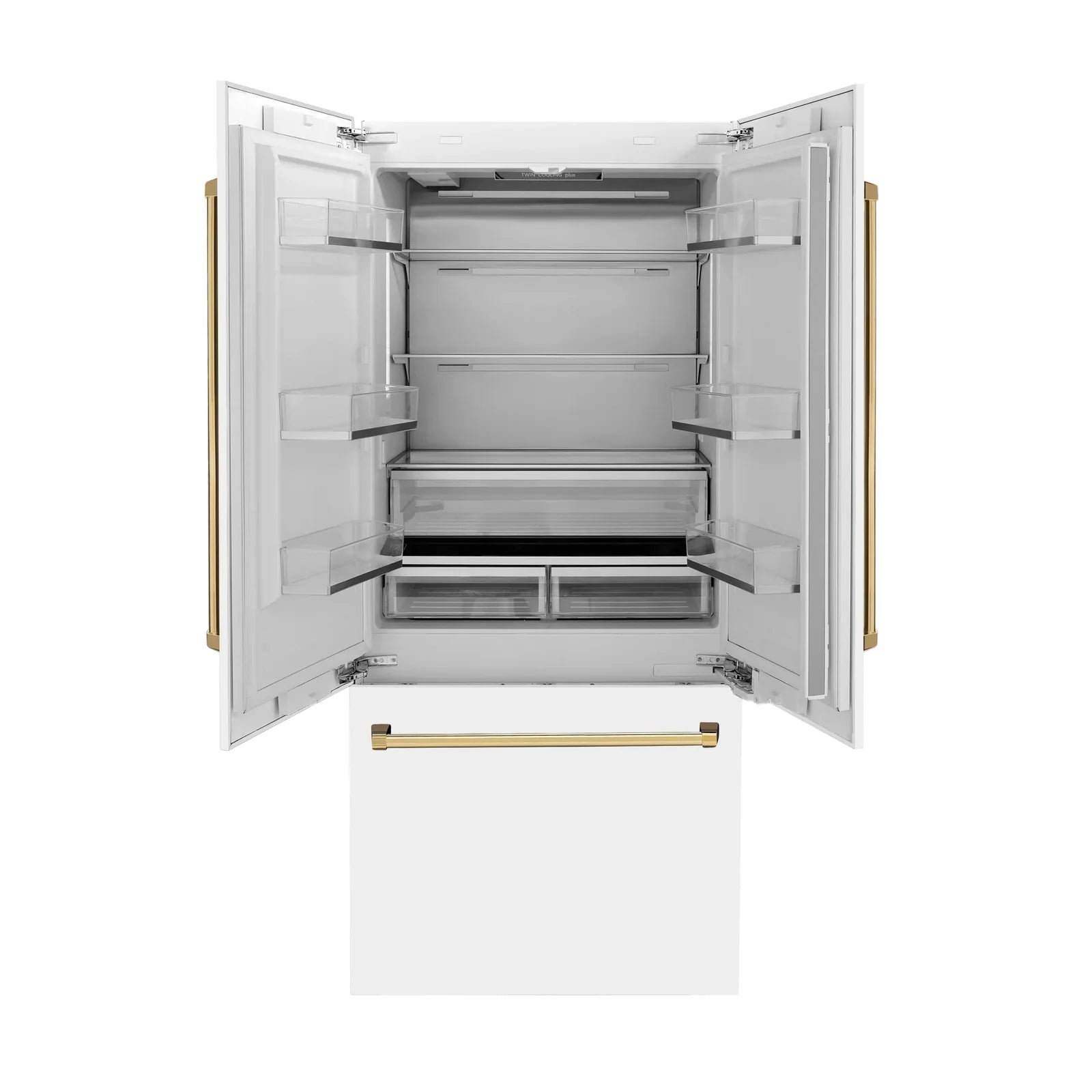 ZLINE 36-Inch Autograph Edition 19.6 cu. ft. Built-in 2-Door Bottom Freezer Refrigerator with Internal Water and Ice Dispenser in White Matte with Gold Accents (RBIVZ-WM-36-G)