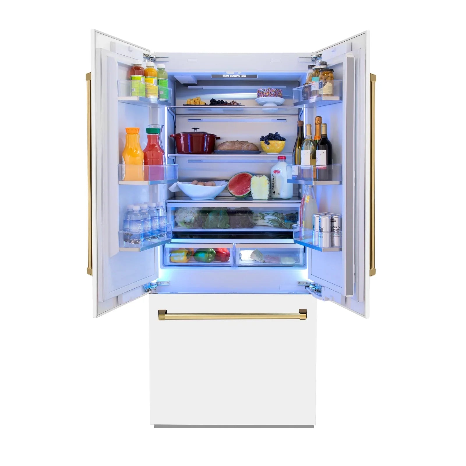 ZLINE 36-Inch Autograph Edition 19.6 cu. ft. Built-in 2-Door Bottom Freezer Refrigerator with Internal Water and Ice Dispenser in White Matte with Gold Accents (RBIVZ-WM-36-G)