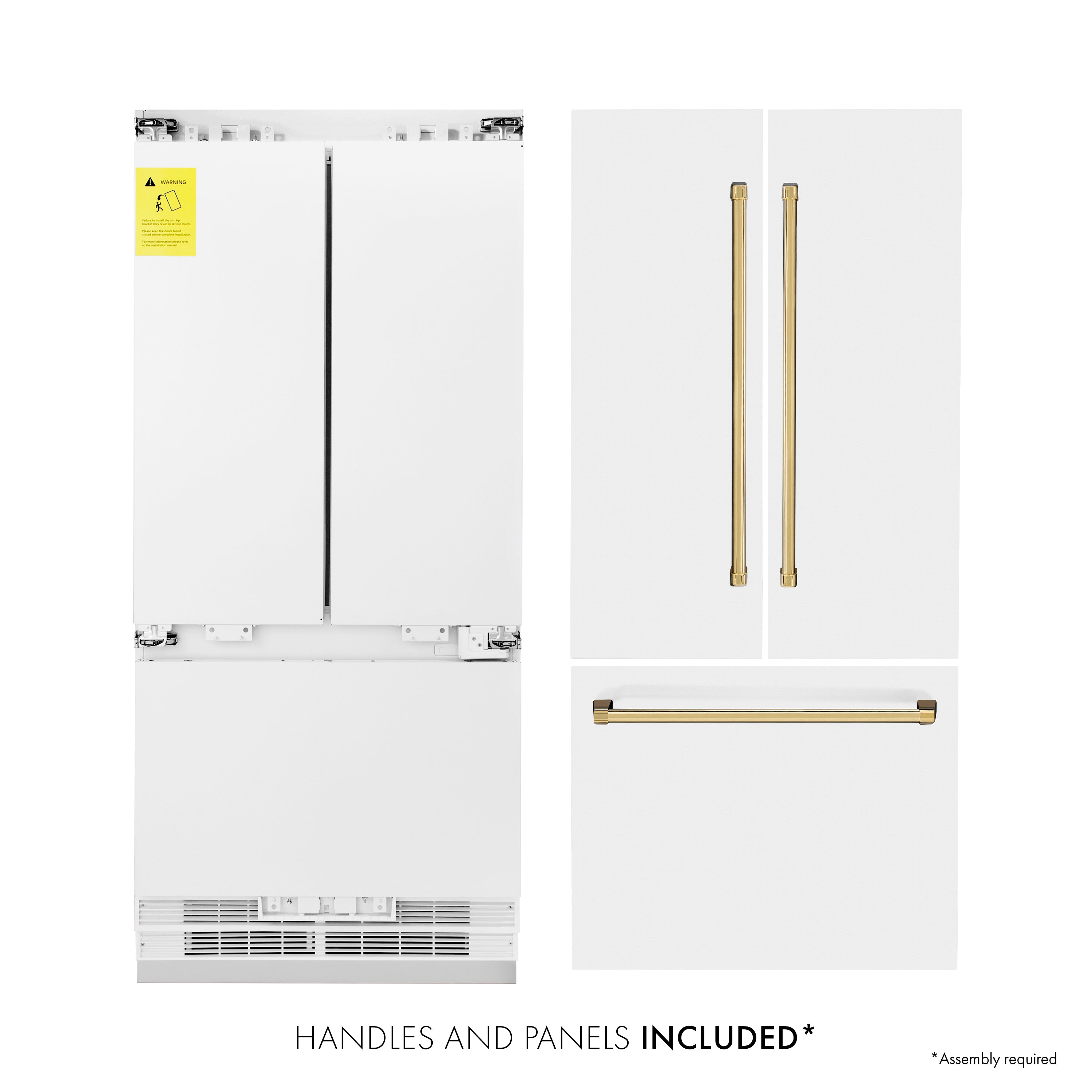 ZLINE 36-Inch Autograph Edition 19.6 cu. ft. Built-in 2-Door Bottom Freezer Refrigerator with Internal Water and Ice Dispenser in White Matte with Gold Accents (RBIVZ-WM-36-G)