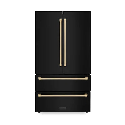 ZLINE 36" Autograph Edition 22.5 cu. ft Freestanding French Door Refrigerator with Ice Maker in Fingerprint Resistant Black Stainless Steel with Accents - RFMZ-36-BS