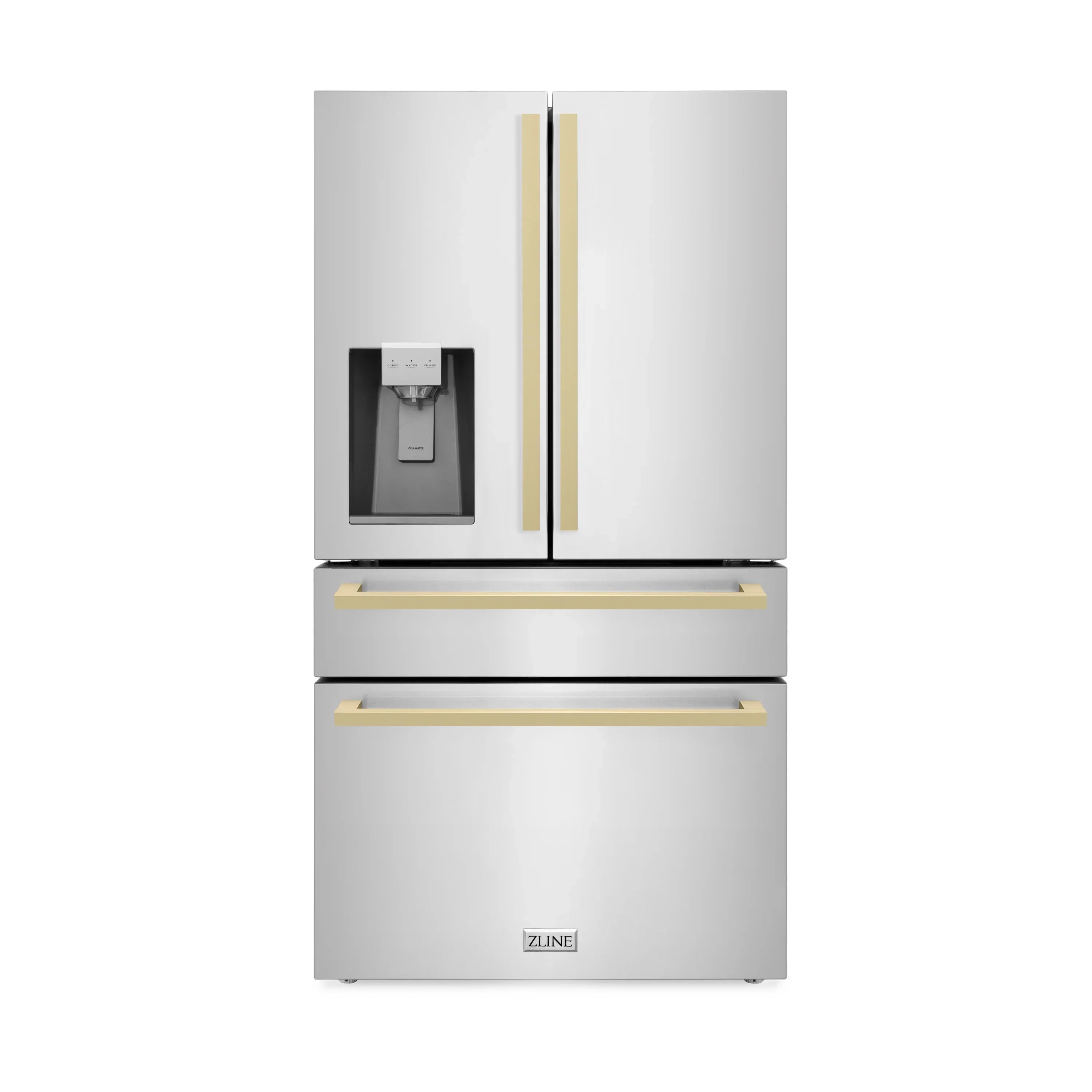 ZLINE 36" Autograph Edition 21.6 cu. ft 4-Door French Door Refrigerator with Water and Ice Dispenser in Stainless Steel with Champagne Bronze Square Handles (RFMZ-W-36-FCB)